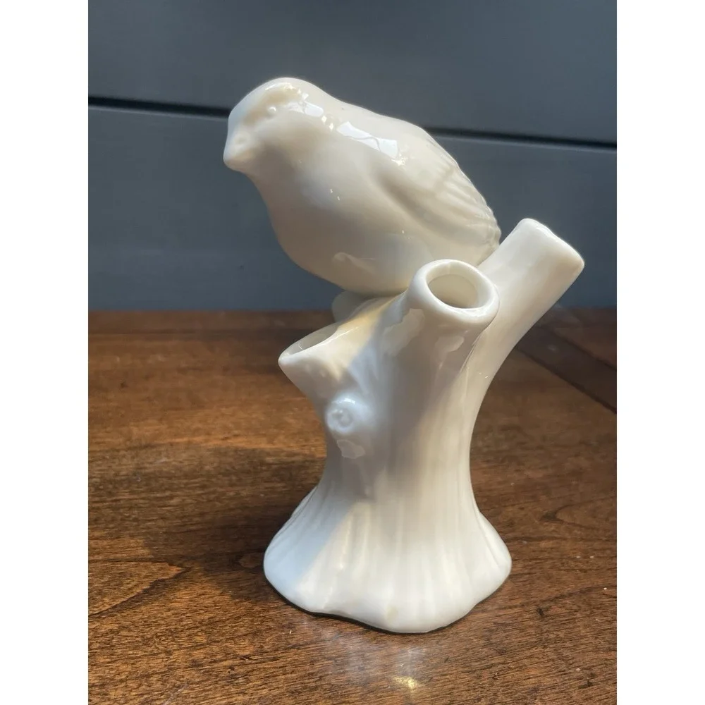 Bisque Porcelain Bird Flower White Vase Decor Dainty Size Collectible